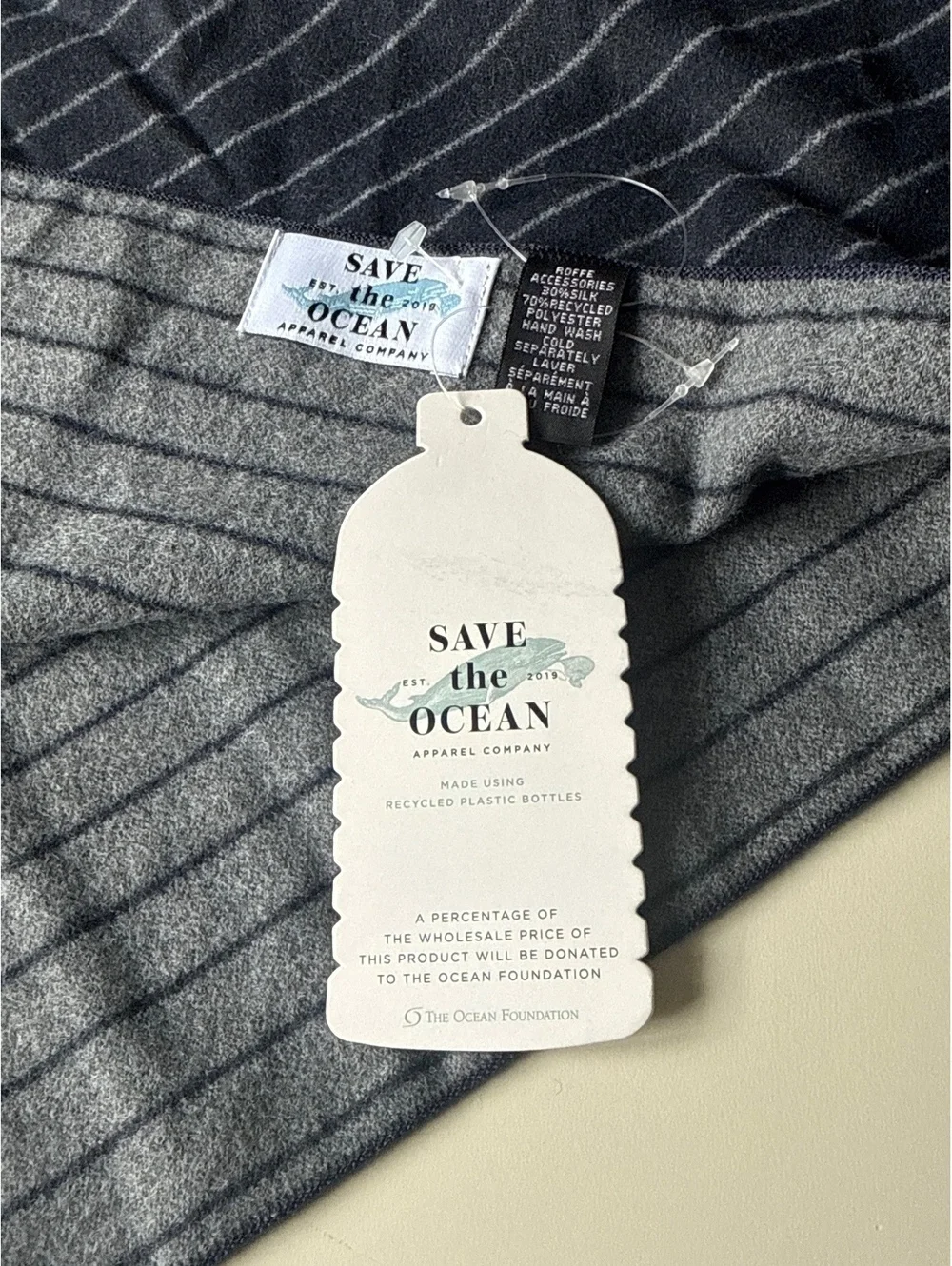 Save the Ocean Apparel Co. Navy Blue Striped Silk Blend Knit Scarf